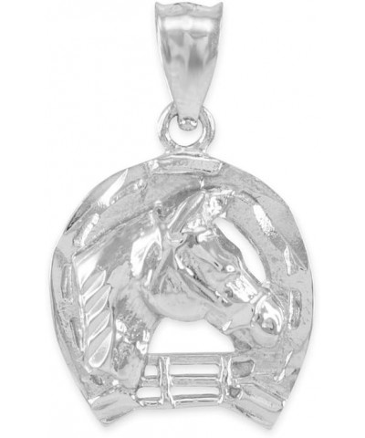 .925 Sterling Silver Good Luck Horseshoe Charm Horse Head Pendant Necklace with Rolo Chain and Pendant only Pendant + 16" Cha...