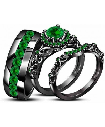 Triostar Round Cut Green Emerald Engagement Wedding Trio Ring Set for Him & Her 14K Black Gold Plated 925 Silver Women's Size...