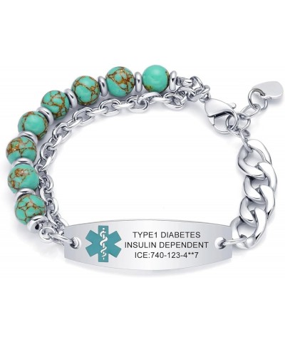 Medical Alert Bracelets for Women Men, Personalized Custom Agate Beaded Medical ID Bracelet, Stainless Steel Layered Emergenc...