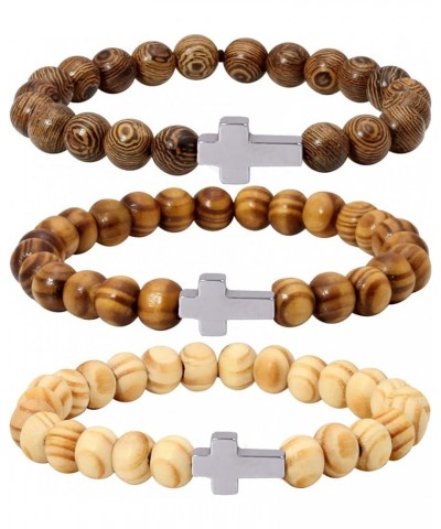 Wood Bead Bracelet Lava Rock Stone Beads Diffuser Bracelet Gemstone Aromatherapy Bracelet For Men Women B: 3pcs Silver Cross ...