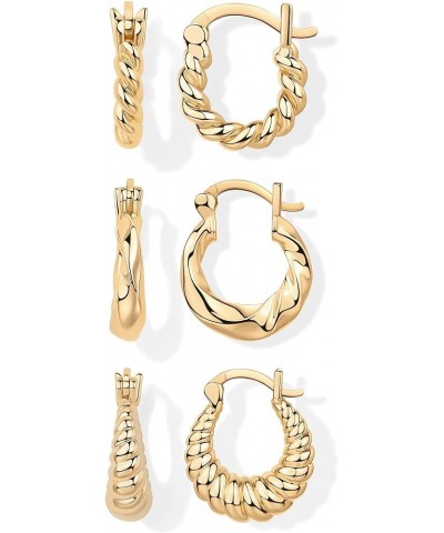 14K Gold Plated Sterling Silver Posts 3 Pairs Rope Twisted Hoop Earrings Set | Three Chunky Huggie Hoop Pack | Earscape for W...