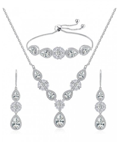 3 Pack Cubic Zirconia Bridal Jewelry Sets for Wedding, Crystal Necklace Dangle Earring Bracelet Jewelry Sets for Women, Prom ...