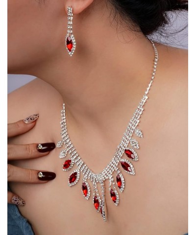 Rhinestone Bridal Necklace Earrings Set Silver Wedding Crystal Choker Necklace Prom Costume Set for Women and Girls red $9.45...