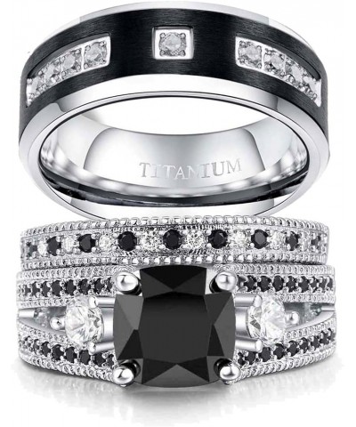 Couple Rings Matching Ring Black 1CT CZ White Gold Plated Women Wedding Ring Sets for Him and Her Rings black and white women...