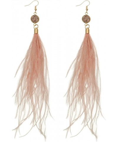 Long Feather Earrings for Women, Bohemian Elegant Delicate Faux Druzy Charms Dangle Earrings Nude Pink $9.17 Earrings