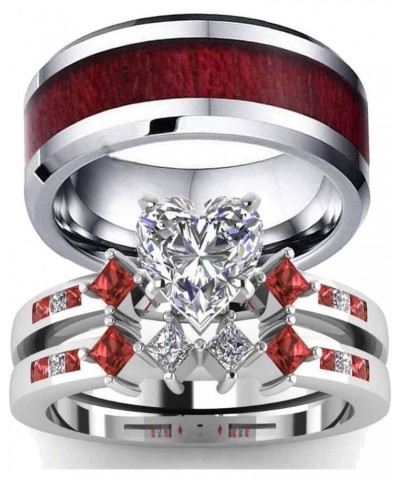 Couple Rings White Gold Filled Heart cut Blue Cz Womens Wedding Ring Sets Stainless Steel Men Wedding Band Red Men size10 $11...