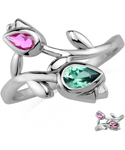 Genuine Gemstones 925 Sterling Silver Tulip Flower Wedding Party Right Hand Ring Jewelry for Women Created Alexandrite & Pink...