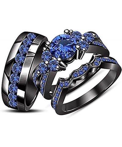 Round Created Blue Sapphire 14K Black Gold Plated 925 Sterling Silver Bridal Anniversary Wedding Trio Ring Set for Him & Her ...