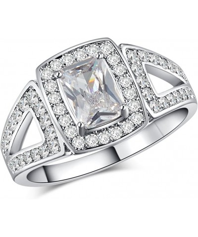 Silver Plated Emerald Cut Created Rainbow Topaz Blue Sapphire CZ Cubic Zirconia Filled Halo Wedding Engagement Band Elegant W...