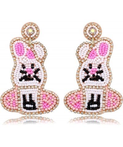 Easter Beaded Earrings for Women Boho Hypoallergenic Handmade Bunny Dangling Earrings Rainbow Egg Dangle Earrings Cute Pom Po...
